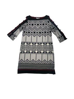 Studio One New York Sheath Dress Women's 14 Black Geometric Cold Shoulder Retro